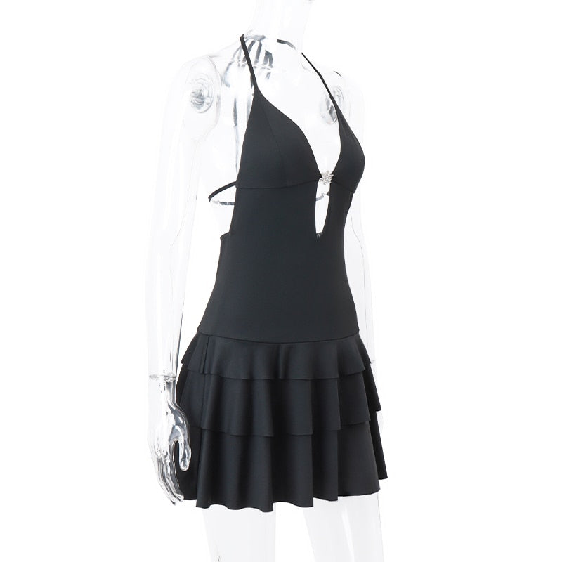 Black Deep V-neck Charming Backless Frill Mini Dress