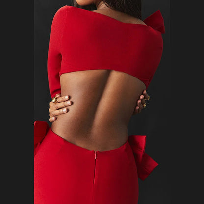 Red Bow Hollow Out Graceful Back Long Sleeve Maxi Dress