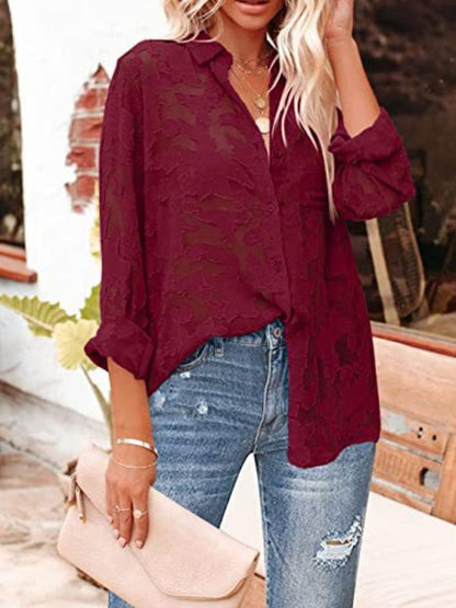 with Spring Blouse - Cotton Top Neckline Blouse Women's Colors Candy and Long 2024 Turn-down Elegant Sleeves