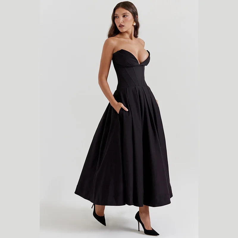 Black Deep Neck Charming Strapless Frill Midi Dress