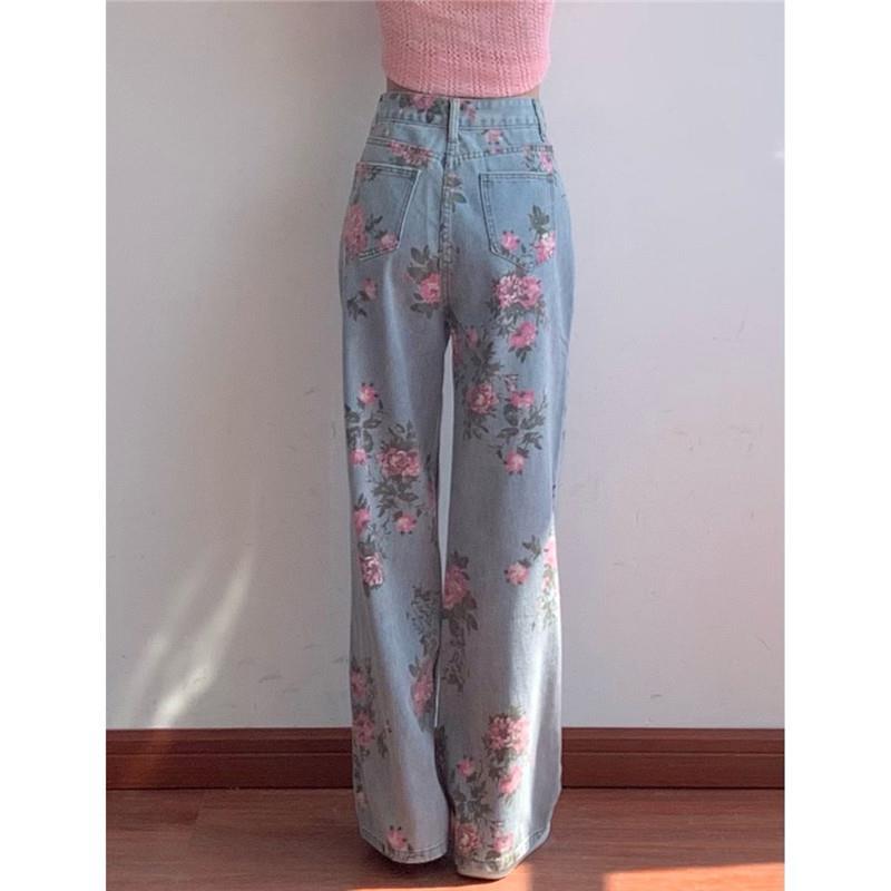 Wide High Waist Flowered Leg Jeans