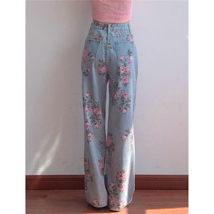 Wide High Waist Flowered Leg Jeans