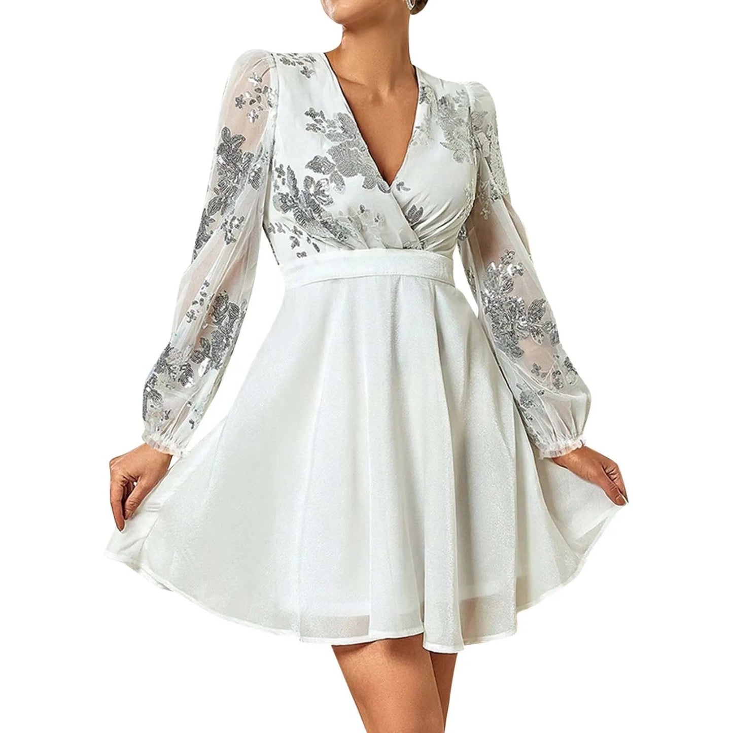 Sequin Stitching V Neck Party Gauze Long Sleeve Short A-Line High Waist Female Elegant Evening Party Dress