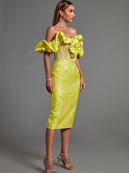 Yellow Bodycon Dress Elegant Sexy Ruffle Club Dress