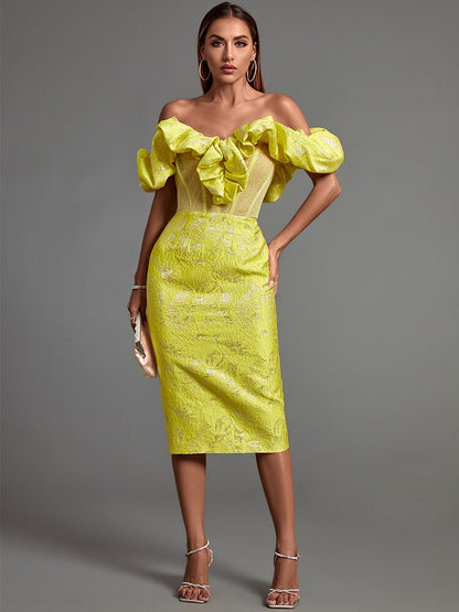 Yellow Bodycon Dress Elegant Sexy Ruffle Club Dress