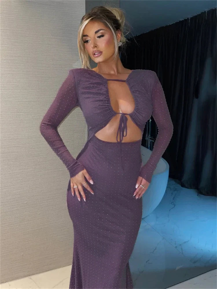 Sequined Hollow Long-sleeved Body-hugging Party-ready Clubwear Sensual Midi Dress