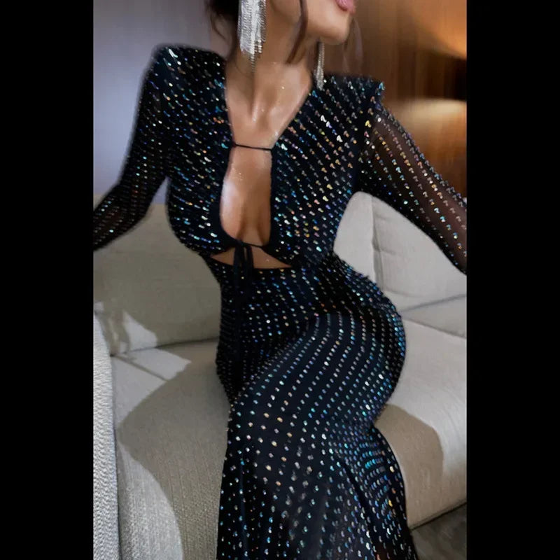 Sequined Hollow Long-sleeved Body-hugging Party-ready Clubwear Sensual Midi Dress