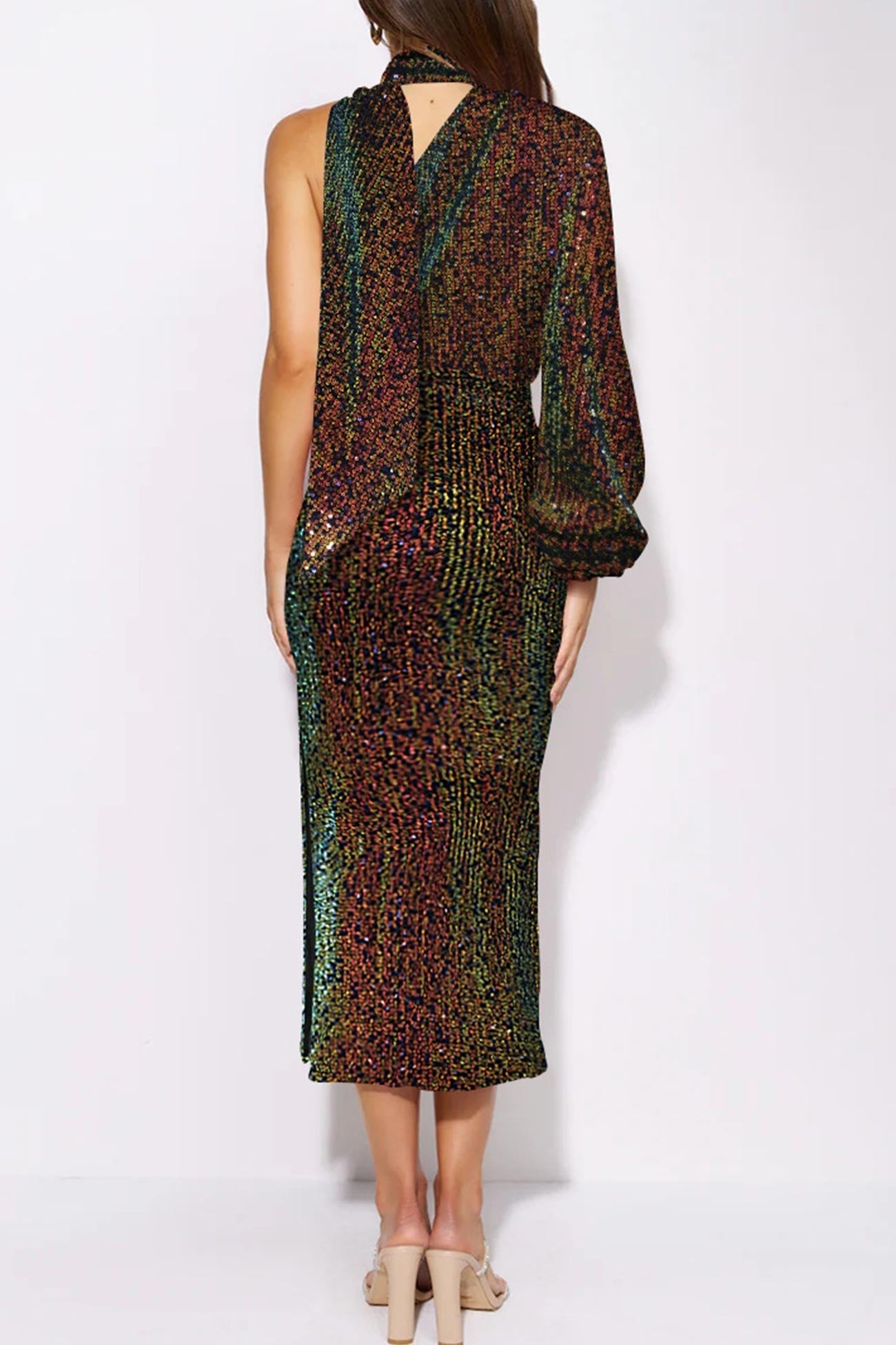 Sequins Scarf One Shoulder Dress with Slit