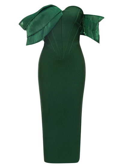 Sexy Asymmetric Sleeves Off Shoulder Bandage Green Slash Neck Christmas Party Dress