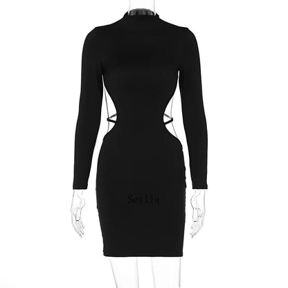 Backless Bandage Long Sleeve Black Mini Dress