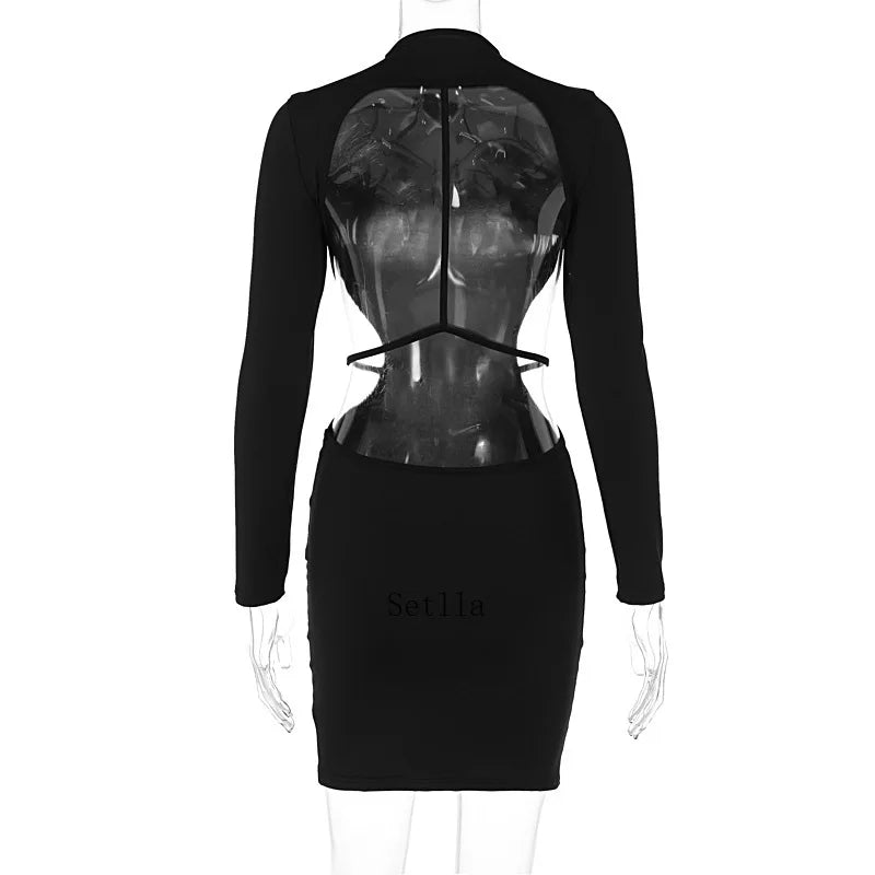 Backless Bandage Long Sleeve Black Mini Dress