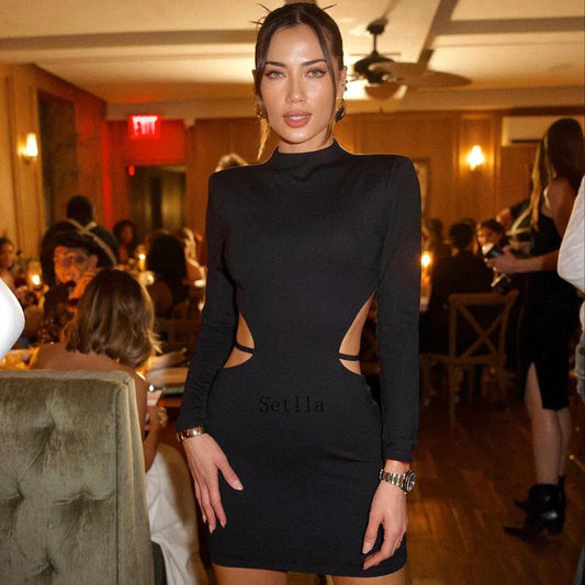 Backless Bandage Long Sleeve Black Mini Dress