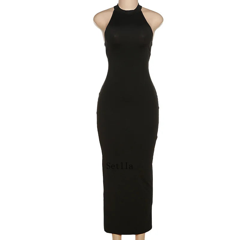 Black Backless Halter Elegant Bandage Maxi Dress