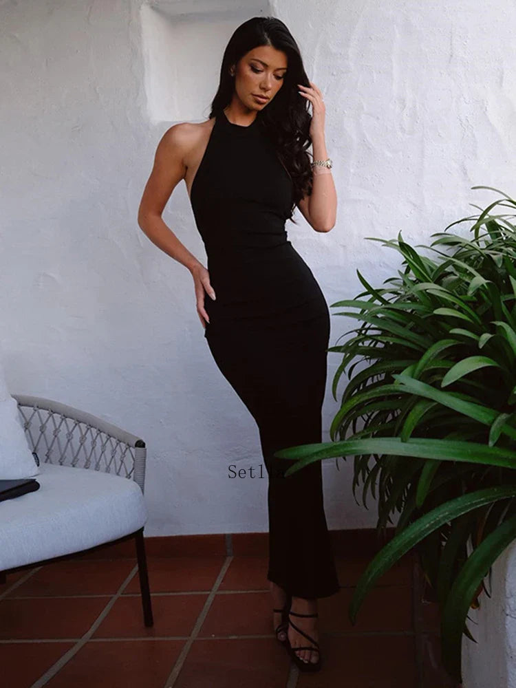 Black Backless Halter Elegant Bandage Maxi Dress