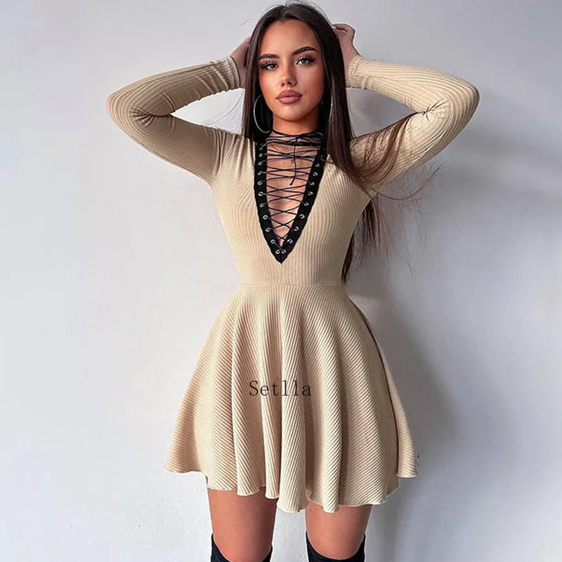 Bandage A-Line Lace Up Long Sleeve Mini Dress