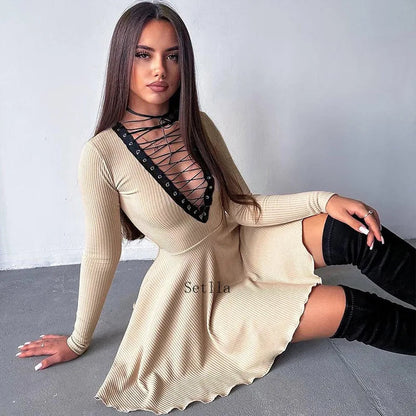 Bandage A-Line Lace Up Long Sleeve Mini Dress