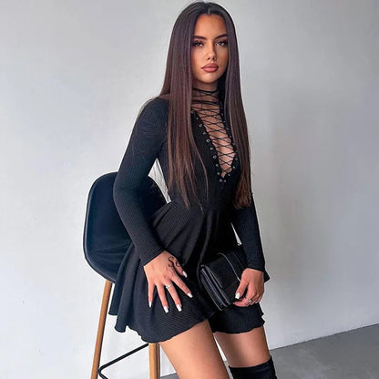 Bandage A-Line Lace Up Long Sleeve Mini Dress