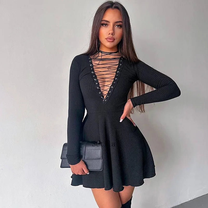 Bandage A-Line Lace Up Long Sleeve Mini Dress