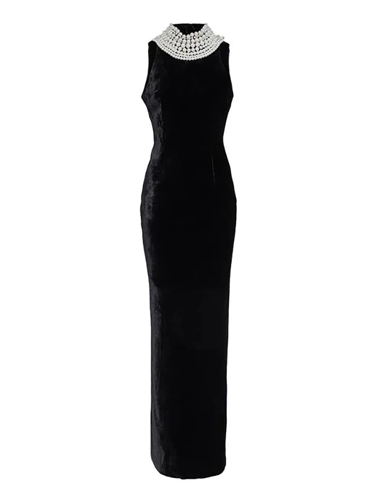 Sexy Black Velvet Halter Neck Pearl Chain Long Dress Maxi Christmas Party Dress