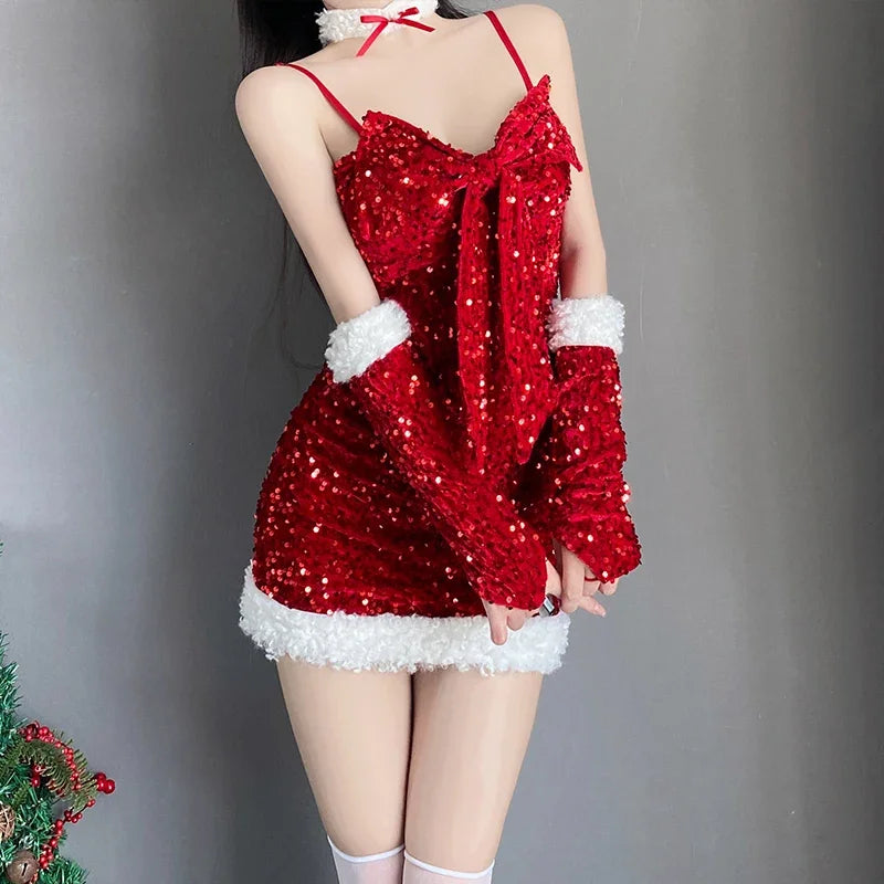 Bodycon Sexy Lady Santa Claus Cosplay Winter Red Dress Christmas Costume