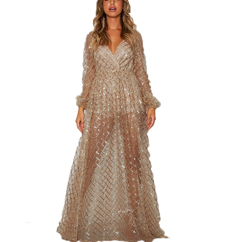 Sexy Gold Sequins Tulle Halter Maxi Dress