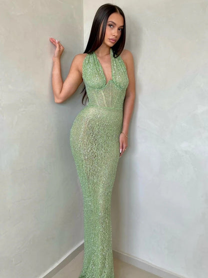 Sexy Halter Deep V Neck Sequins Green Sleeveless Backless Celebrity Christmas Party Dress