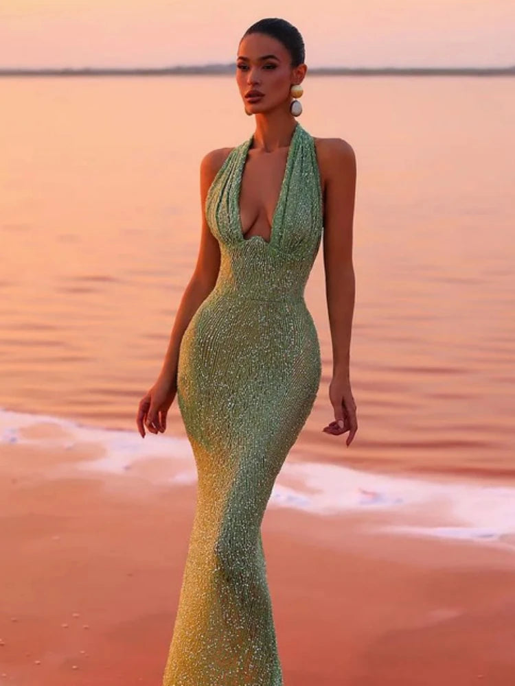 Sexy Halter Deep V Neck Sequins Green Sleeveless Backless Celebrity Christmas Party Dress