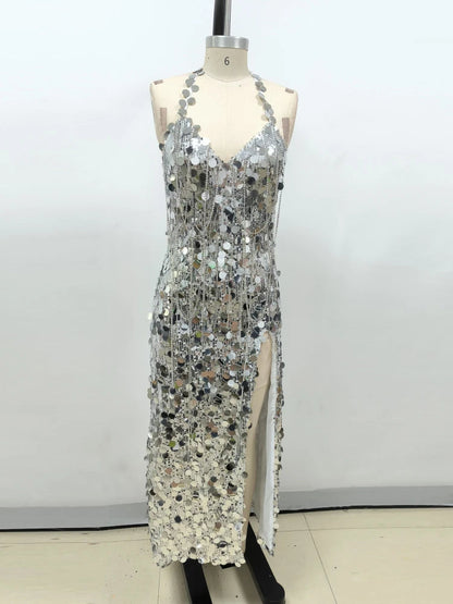 Sexy Halter Lace-up V Neck Shiny Sequins Backless Silver Christmas Party Dress