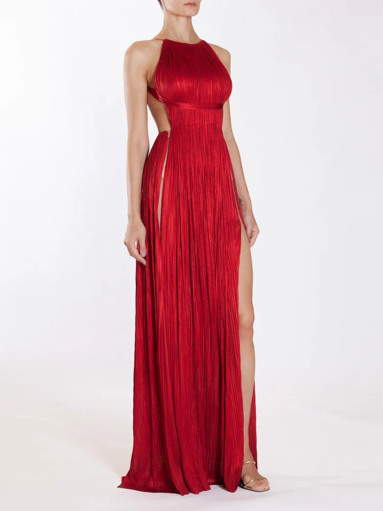 Sexy Halter Neck Chain Pleated High Split Long Dress Backless Christmas Party Dress