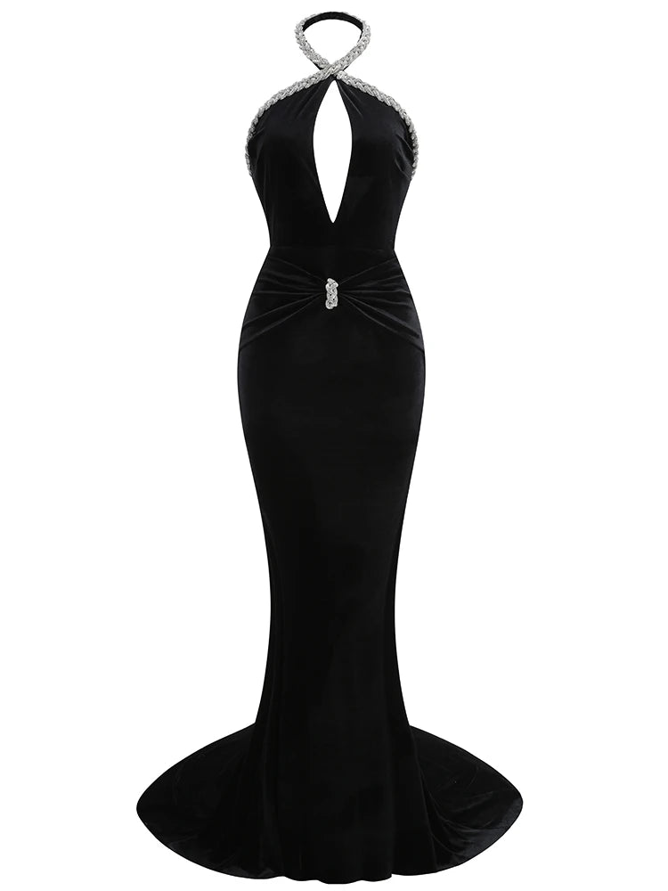 Sexy Halter Neck Diamonds Chain Hollow Out Black Velvet Sleeveless Christmas Party Dress