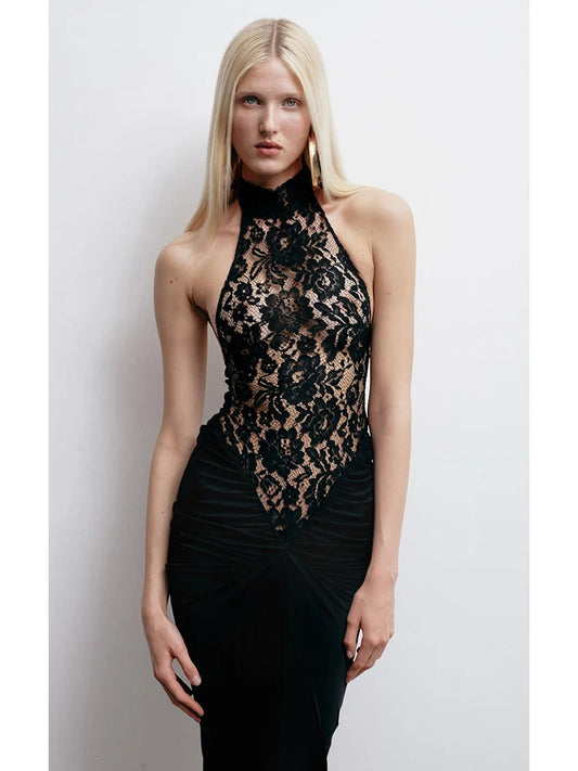 Sexy Halter Neck Lace Patchwork Folds Black Sleeveless Backless Christmas Party Dress