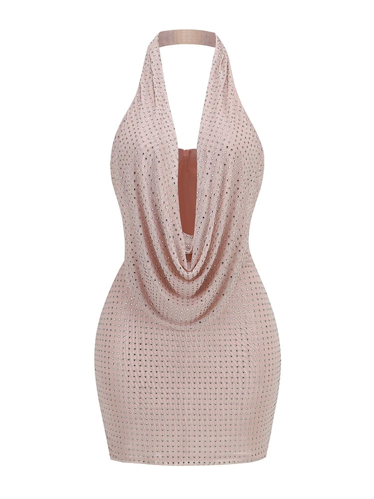 Sexy Halter Neck Low Cut Diamonds Mini Nude Christmas Party Dress