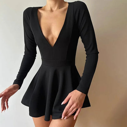 Low Cut Long Sleeve Backless A Line Mini Dress