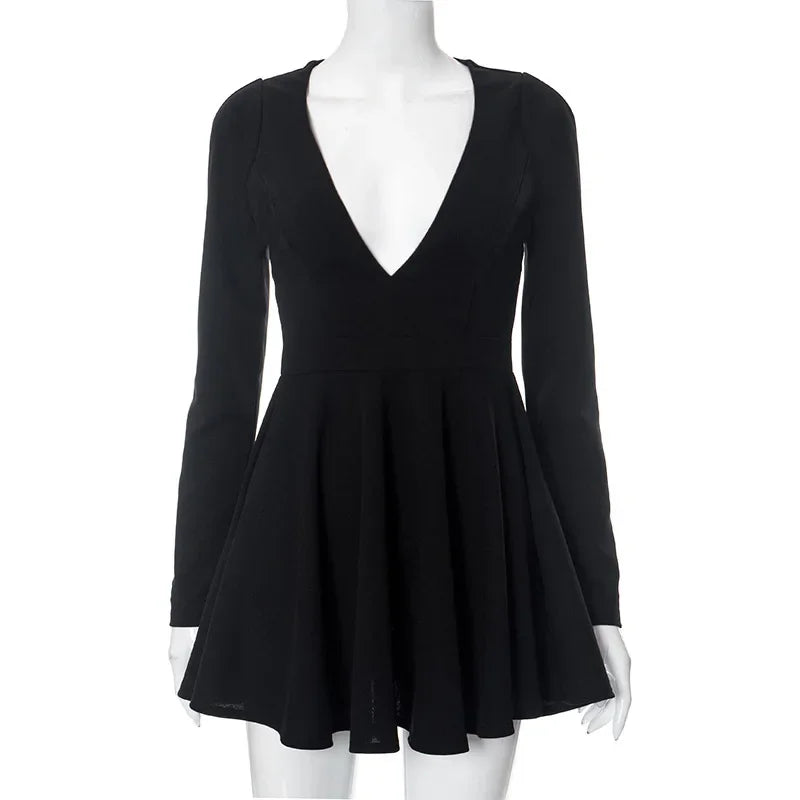 Low Cut Long Sleeve Backless A Line Mini Dress