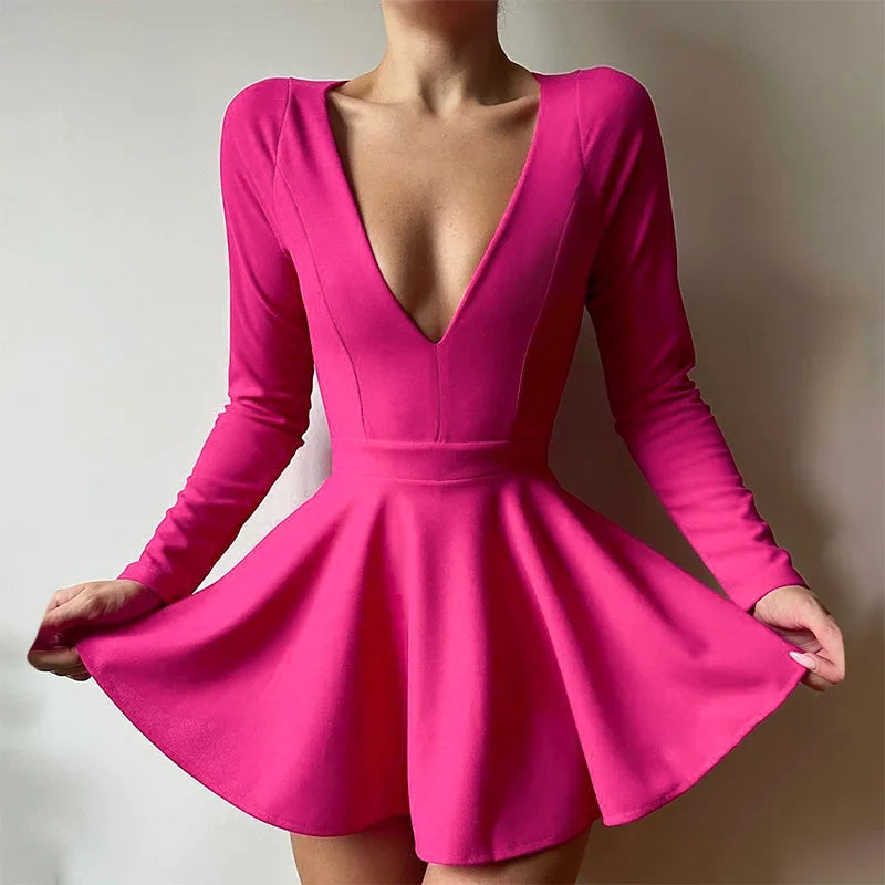 Low Cut Long Sleeve Backless A Line Mini Dress