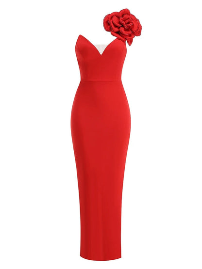 Sexy One Shoulder Diamonds Flower Patchwork Maxi Red Christmas Party Dress