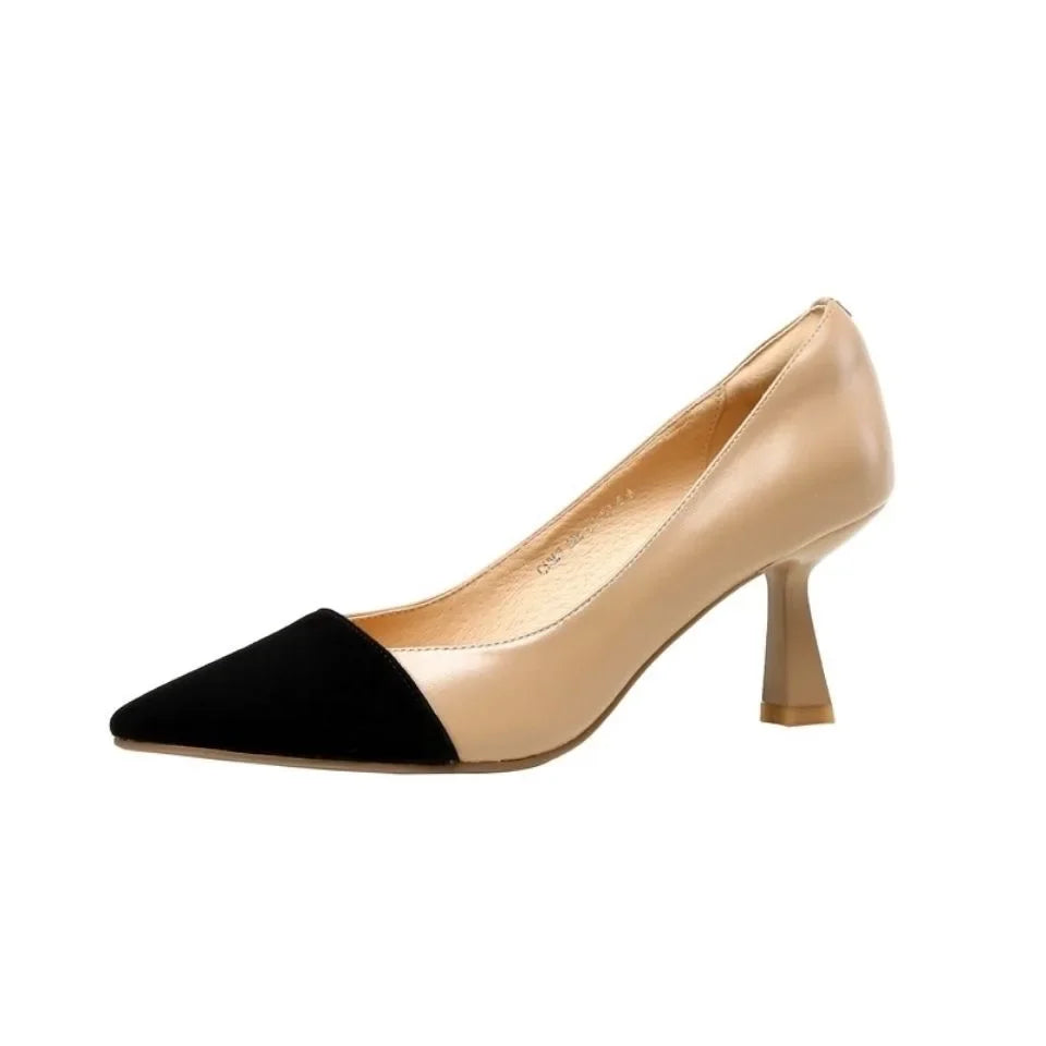 Sexy Pointed Korean Fashion Apricot Black Color Block Elegant Summer Low Heel Pump