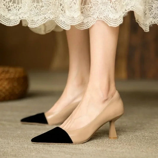 Sexy Pointed Korean Fashion Apricot Black Color Block Elegant Summer Low Heel Pump