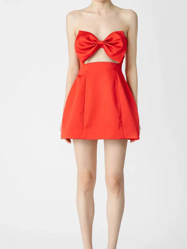 Red Bow Hollow Satin Strapless Party Dress