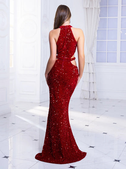 Sleeveless Hollow Out Sequined Party Dress