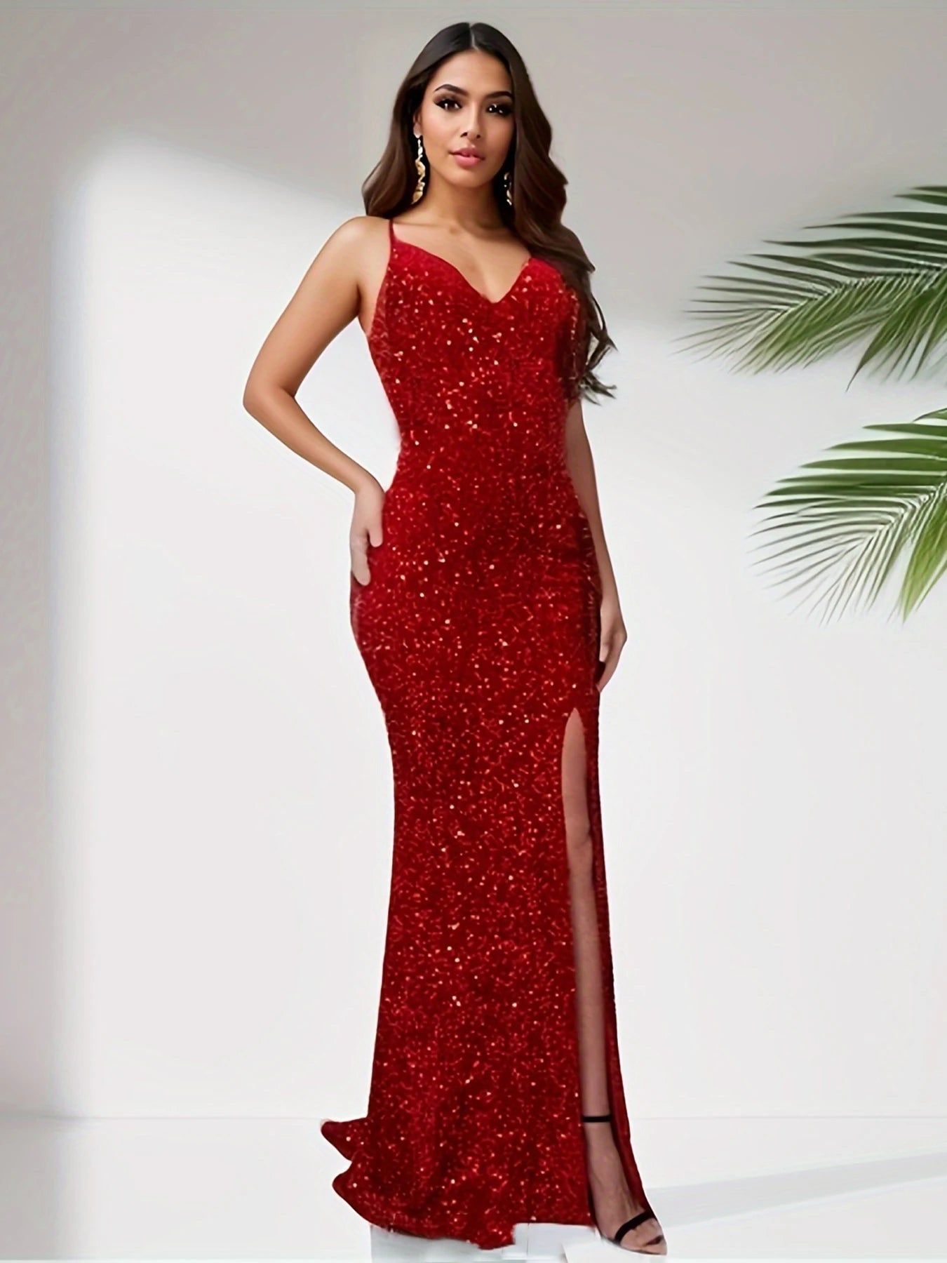 Sequined V-Neck Backless Party Dress