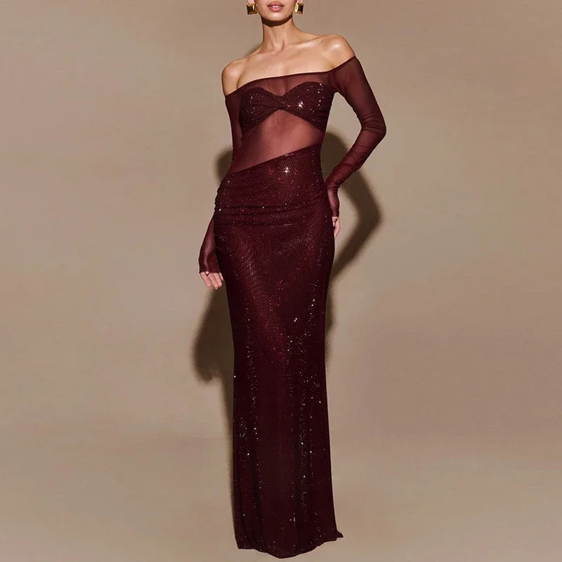 Sheer Mesh Sequin Banquet Party Dress