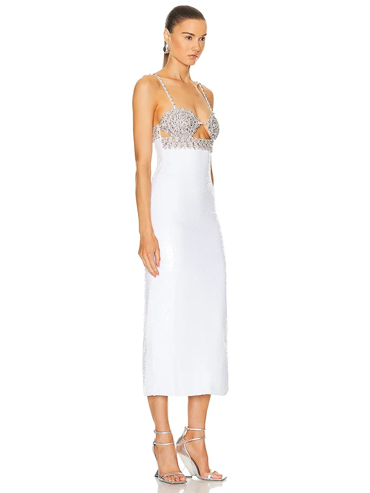 Sexy Spaghetti Strap Luxury Diamond Sequin Dress White Backless Midi Christmas Party Dress