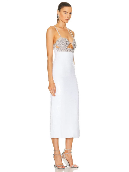 Sexy Spaghetti Strap Luxury Diamond Sequin Dress White Backless Midi Christmas Party Dress