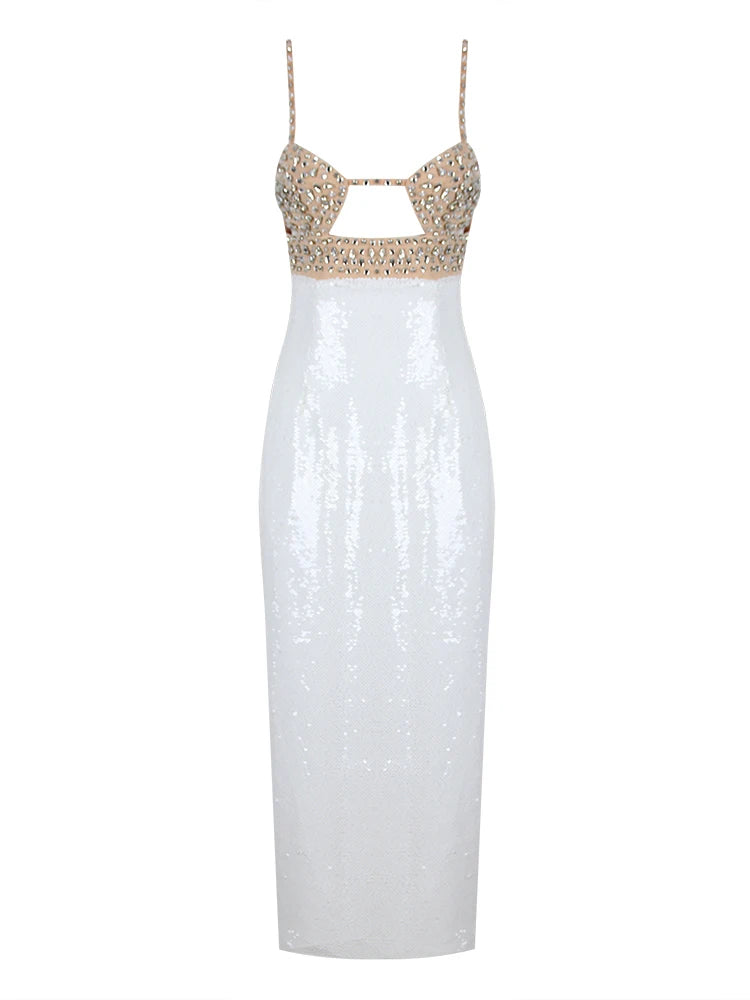 Sexy Spaghetti Strap Luxury Diamond Sequin Dress White Backless Midi Christmas Party Dress