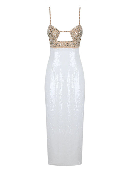 Sexy Spaghetti Strap Luxury Diamond Sequin Dress White Backless Midi Christmas Party Dress