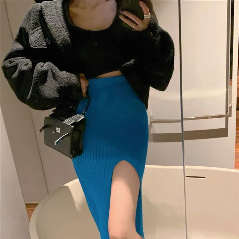 Sexy Elegant Slim Fit High-Waisted Knitted Chic Autumn Winter Midi Skirt