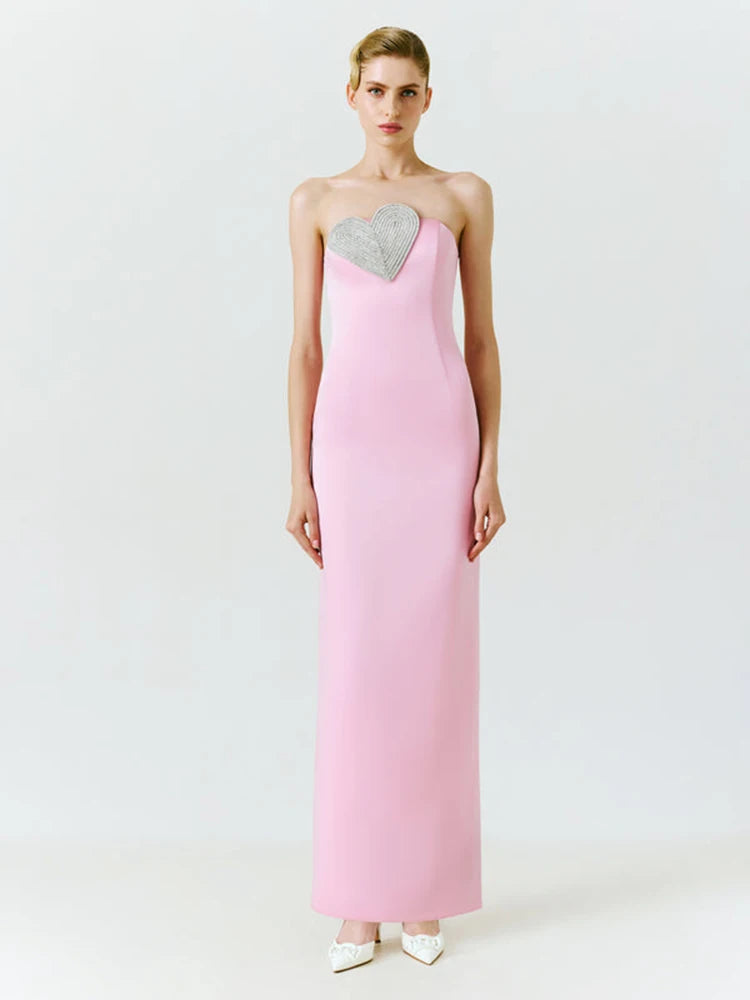 Sexy Strapless Heart Crystal Design Long Pink Sleeveless Diamonds Elegant Christmas Party Dress