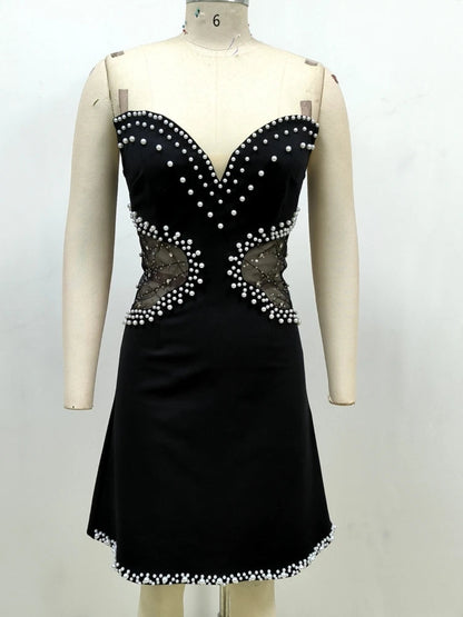 Sexy Strapless Mesh Patchwork Pearl Beaded Mini Black Sleeveless Christmas Party Dress