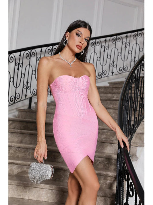 Sexy Strapless Mini Bandage Pink Sleeveless Backless Bodycon Christmas Party Dress